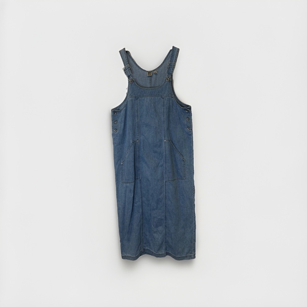 North West Blue Denim Jumper Dress Women Large Blue Bib Overalls Midi Sleeveless